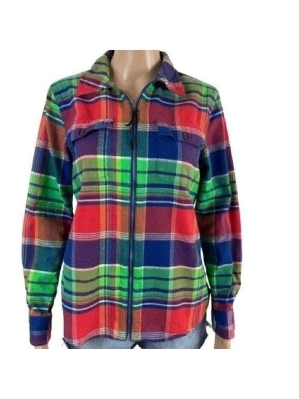 Chaps Denim Full Zip colorful Plaid Flannel Long Sleeve Shirt size medium
